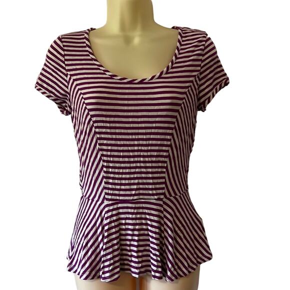 Elle Purple & White Knit Peplum Top Blouse Woman Size XS Striped Y2K Vibe - Picture 1 of 10